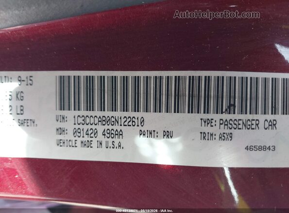 1C3CCCAB0GN122610 2016 CHRYSLER 200 Красный Вид подкапотного пространства