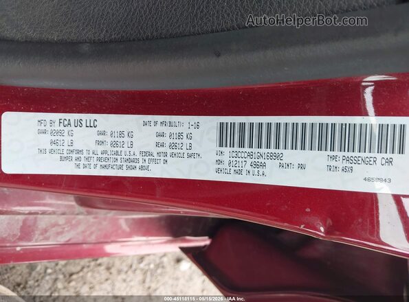 1C3CCCAB1GN168902 2016 CHRYSLER 200 Red Widok komory silnika