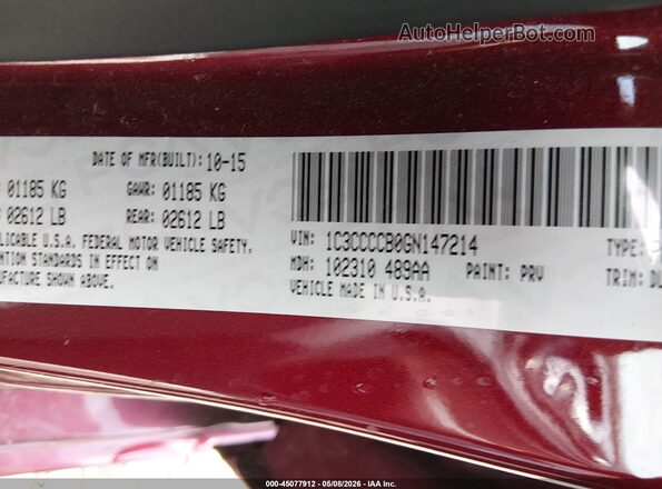 1C3CCCCB0GN147214 2016 CHRYSLER 200 Red Widok komory silnika
