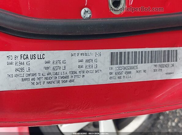 1C3CDFBA2GD660235 2016 DODGE DART Red Widok komory silnika