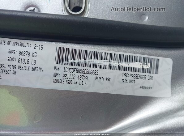 1C3CDFBB5GD668063 2016 DODGE DART Silver Вид підкапотного простору