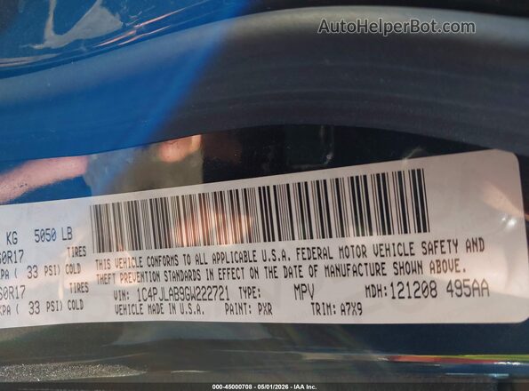 1C4PJLAB9GW222721 2016 JEEP CHEROKEE Черный Вид подкапотного пространства