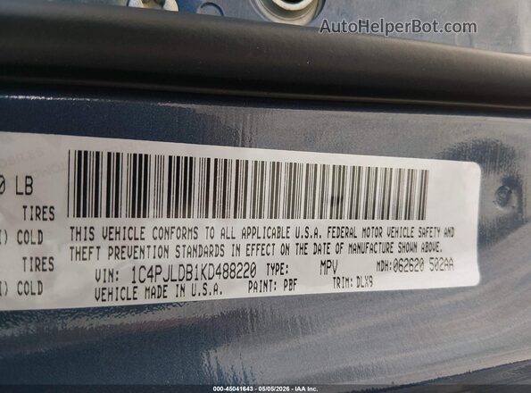 1C4PJLDB1KD488220 2019 JEEP CHEROKEE Синий Вид подкапотного пространства