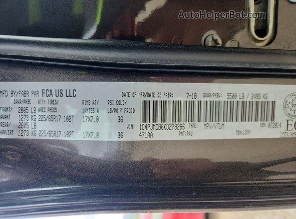 1C4PJMCB6KD279286 2019 JEEP CHEROKEE Серый Панорамный вид салона 360°