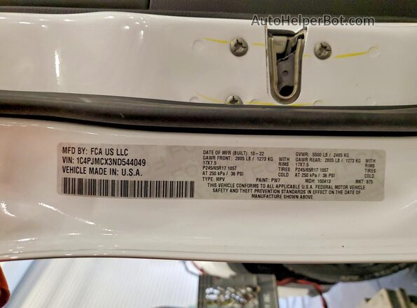 1C4PJMCX3ND544049 2022 JEEP CHEROKEE Белый Вид наклейки с VIN-кодом