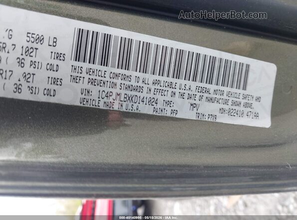 1C4PJMLBXKD141024 2019 JEEP CHEROKEE Зеленый Вид подкапотного пространства