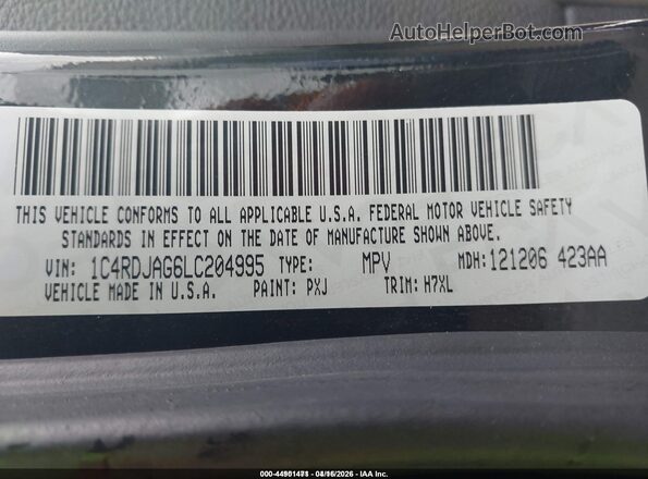 1C4RDJAG6LC204995 2020 DODGE DURANGO Черный Вид подкапотного пространства