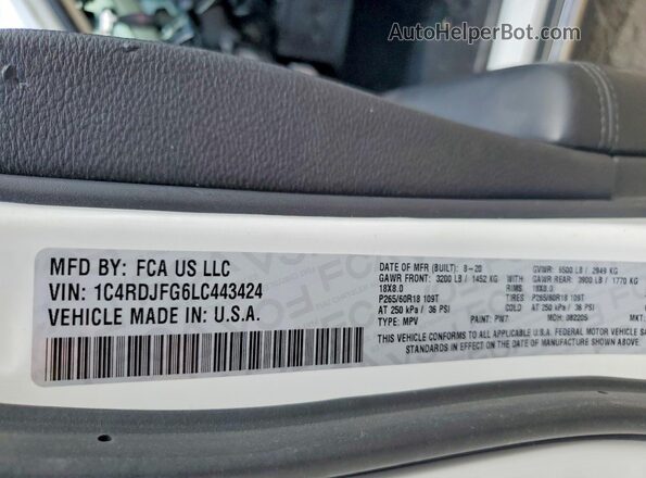1C4RDJFG6LC443424 2020 DODGE DURANGO Белый Панорамный вид салона 360°