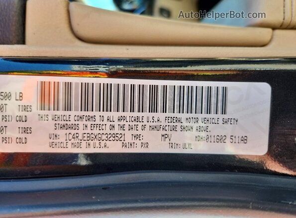 1C4RJEBGXGC329521 2016 JEEP GRAND Черный Вид наклейки с VIN-кодом