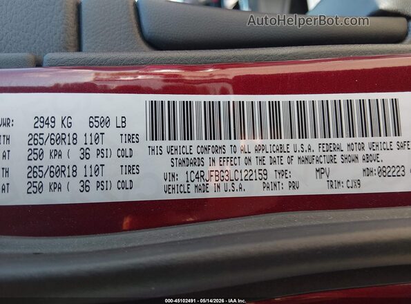 1C4RJFBG3LC122159 2020 JEEP GRAND CHEROKEE Красный Вид подкапотного пространства