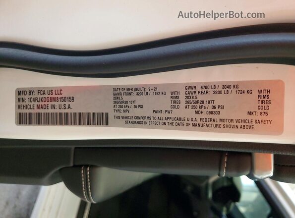 1C4RJKDG8M8150159 2021 JEEP GRAND White Widok wnętrza 360 stopni