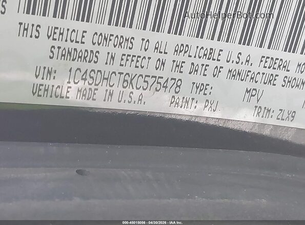 1C4SDHCT6KC575478 2019 DODGE DURANGO Черный Вид подкапотного пространства