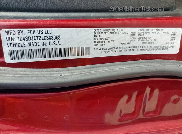 1C4SDJCT2LC383063 2020 DODGE DURANGO Темно-бордовый Вид наклейки с VIN-кодом