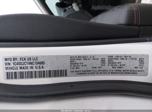 1C4SDJCT4NC134685 2022 DODGE DURANGO Белый Вид подкапотного пространства