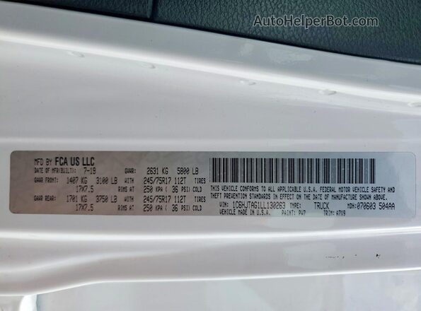 1C6HJTAG1LL130263 2020 JEEP GLADIATOR Белый Вид наклейки с VIN-кодом