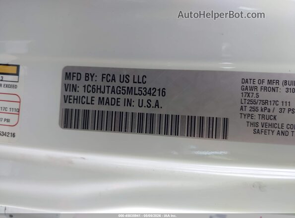 1C6HJTAG5ML534216 2021 JEEP GLADIATOR Белый Вид подкапотного пространства