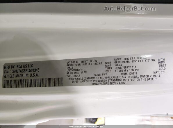 1C6HJTAG5PL504346 2023 JEEP GLADIATOR White Vista del compartimento del motor