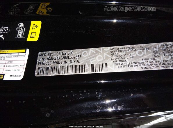1C6HJTAG9ML537586 2021 JEEP GLADIATOR Черный Вид подкапотного пространства