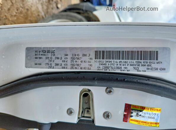 1C6RR6FT9LS128609 2020 RAM 1500 Белый Вид наклейки с VIN-кодом