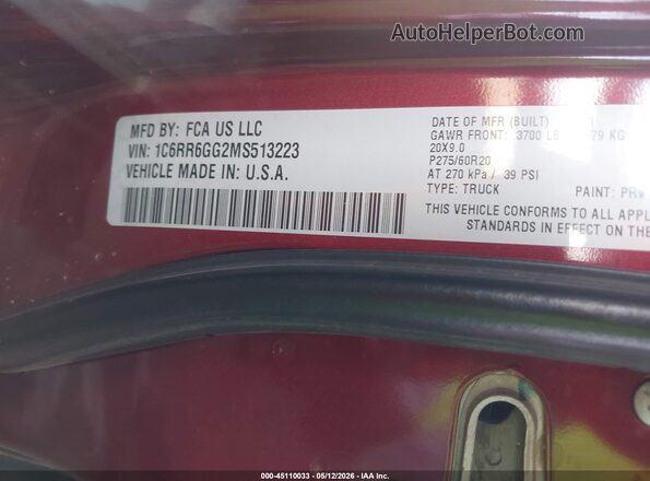 1C6RR6GG2MS513223 2021 RAM 1500 CLASSIC Burgundy Engine compartment view