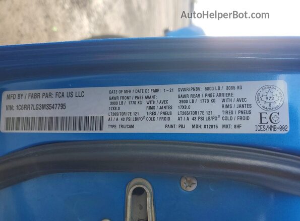 1C6RR7LG3MS547795 2021 RAM 1500 Синий Панорамный вид салона 360°