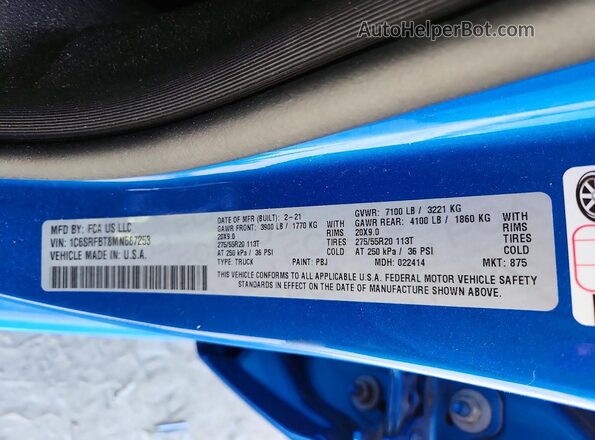 1C6SRFBT8MN687253 2021 RAM 1500 Синий Вид подкапотного пространства