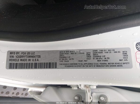 1C6SRFFTXMN647735 2021 RAM 1500 Белый Вид подкапотного пространства