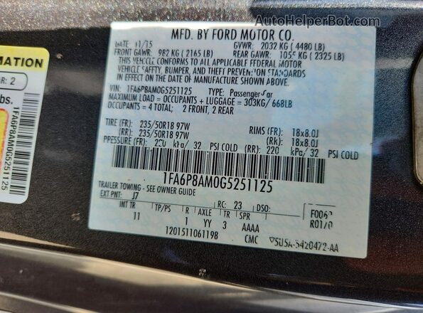 1FA6P8AM0G5251125 2016 FORD MUSTANG Серый Вид подкапотного пространства
