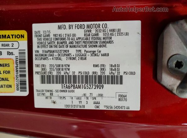1FA6P8AM1G5273909 2016 FORD MUSTANG Red Вид наклейки з VIN-кодом