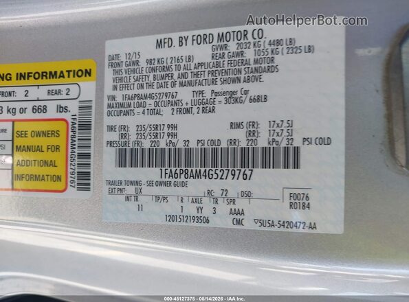 1FA6P8AM4G5279767 2016 FORD MUSTANG Серый Вид подкапотного пространства