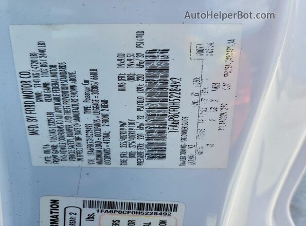 1FA6P8CF0H5228492 2017 FORD MUSTANG White Vista de la etiqueta del VIN