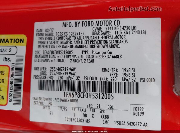 1FA6P8CF0H5312005 2017 FORD MUSTANG Red Vista del compartimento del motor