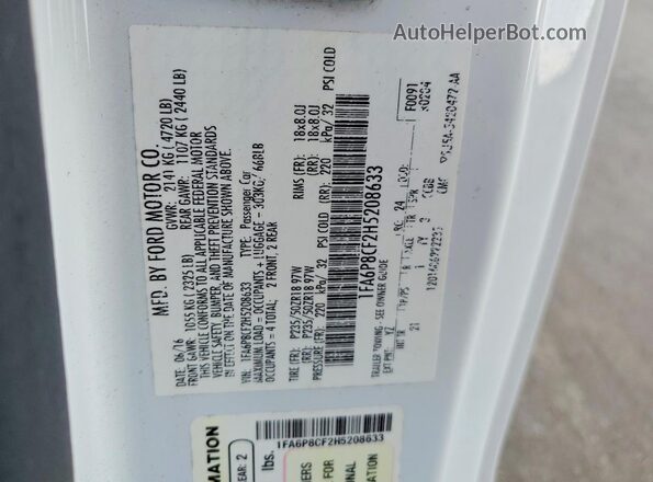 1FA6P8CF2H5208633 2017 FORD MUSTANG White Vista del compartimento del motor