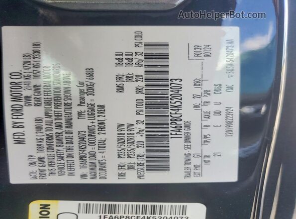 1FA6P8CF4K5204073 2019 FORD MUSTANG Черный Вид подкапотного пространства