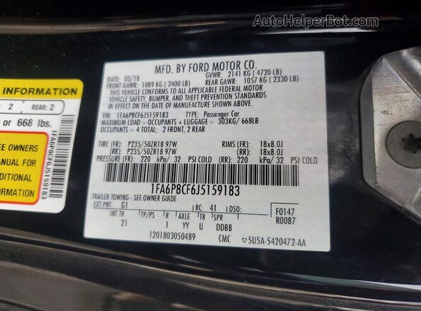 1FA6P8CF6J5159183 2018 FORD MUSTANG Черный Вид наклейки с VIN-кодом