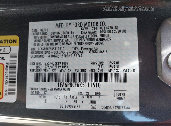 1FA6P8CF6K5111510 2019 FORD MUSTANG Серый Вид подкапотного пространства