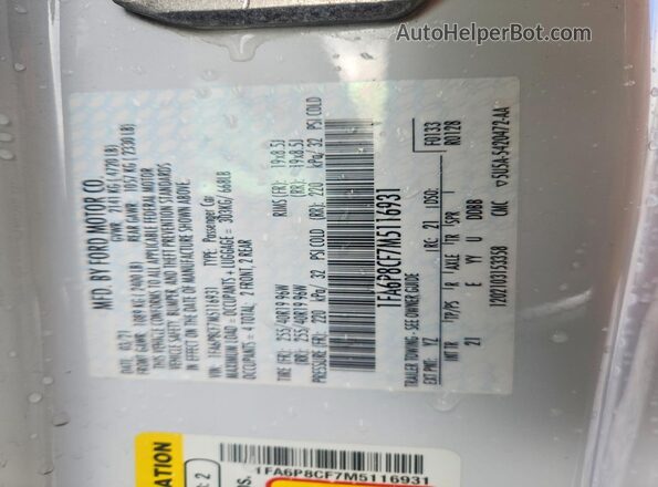 1FA6P8CF7M5116931 2021 FORD MUSTANG White VIN sticker view