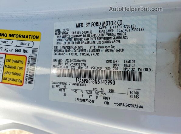 1FA6P8CF8N5142990 2022 FORD MUSTANG White ძრავის განყოფილების ხედი