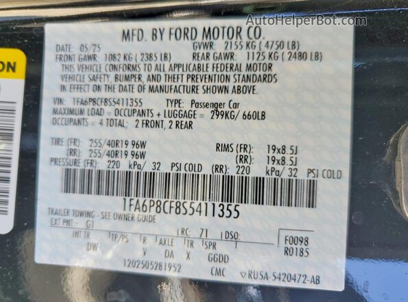 1FA6P8CF8S5411355 2025 FORD MUSTANG Black Vista de la etiqueta del VIN