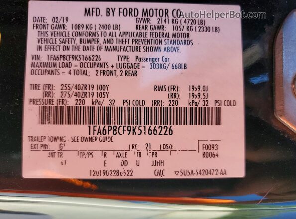1FA6P8CF9K5166226 2019 FORD MUSTANG Black Вид наклейки з VIN-кодом