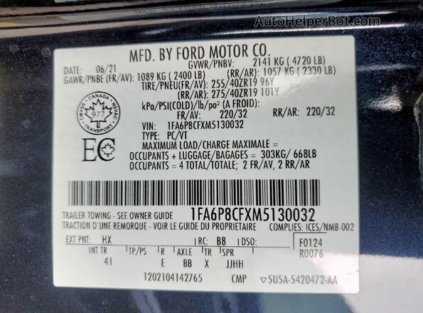 1FA6P8CFXM5130032 2021 FORD MUSTANG Черный Вид наклейки с VIN-кодом