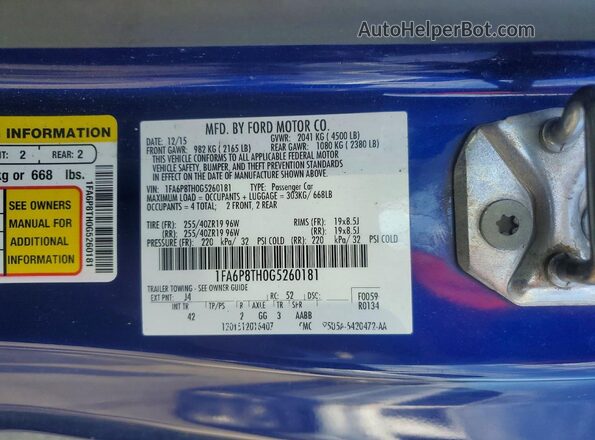 1FA6P8TH0G5260181 2016 FORD MUSTANG Blue Vista del compartimento del motor