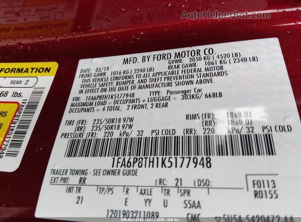 1FA6P8TH1K5177948 2019 FORD MUSTANG Бордовый Вид подкапотного пространства