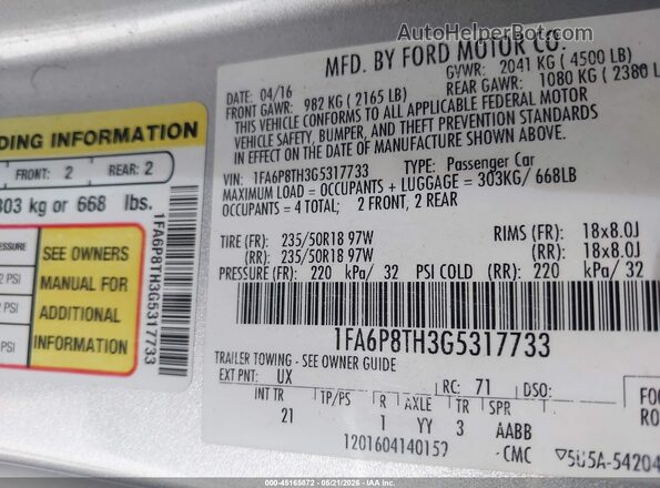 1FA6P8TH3G5317733 2016 FORD MUSTANG Серебряный Вид подкапотного пространства