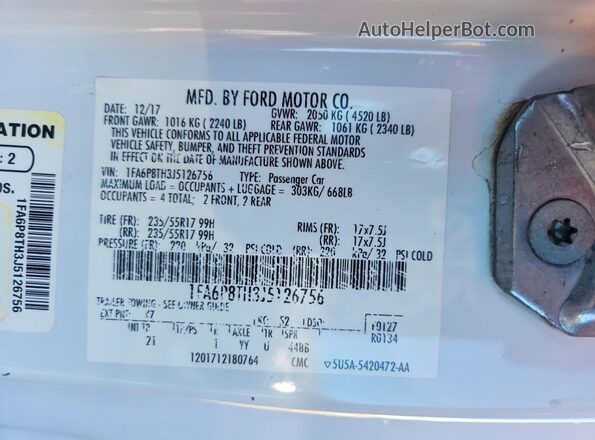 1FA6P8TH3J5126756 2018 FORD MUSTANG White Widok komory silnika