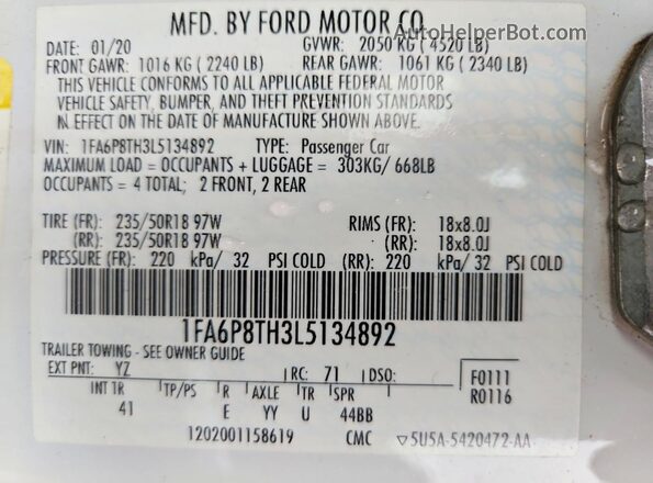 1FA6P8TH3L5134892 2020 FORD MUSTANG White Widok naklejki z numerem VIN