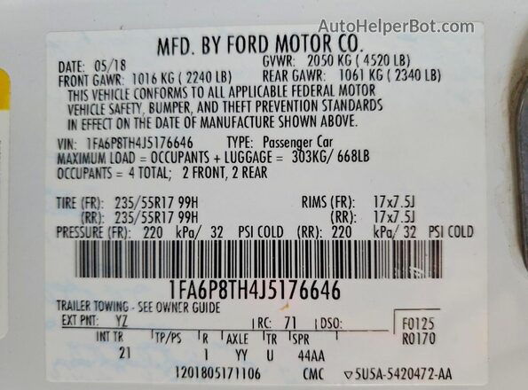 1FA6P8TH4J5176646 2018 FORD MUSTANG White Շարժիչի բաժամունքի տեսք