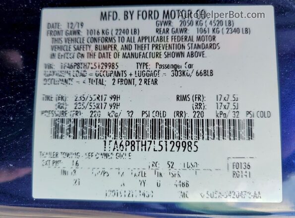1FA6P8TH7L5129985 2020 FORD MUSTANG Синий Вид подкапотного пространства