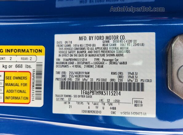 1FA6P8TH9K5115214 2019 FORD MUSTANG Синий Вид подкапотного пространства
