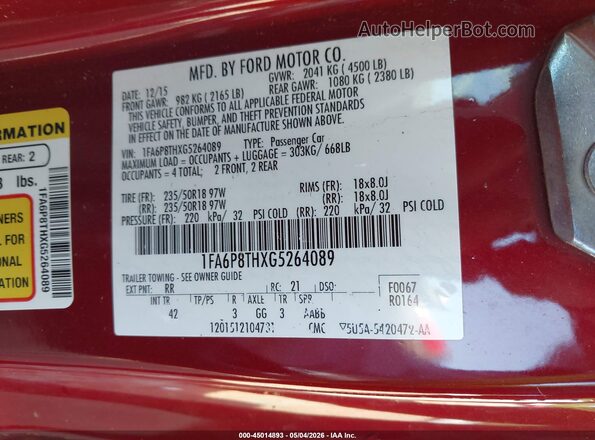 1FA6P8THXG5264089 2016 FORD MUSTANG Red Engine compartment view
